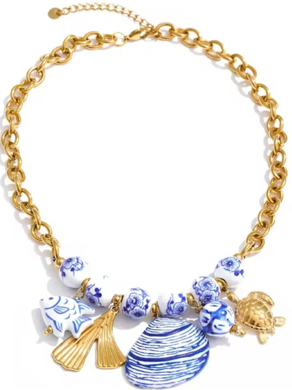 Fish Shell Drop Statement Necklace~ 18K Gold Plated ~ New - Picture 5 of 8